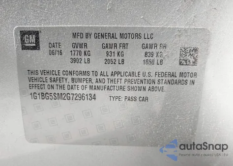 2016 Chevrolet Cruze Premier Auto из США, поврежденный, VIN 1G1BG5SM2G7296134